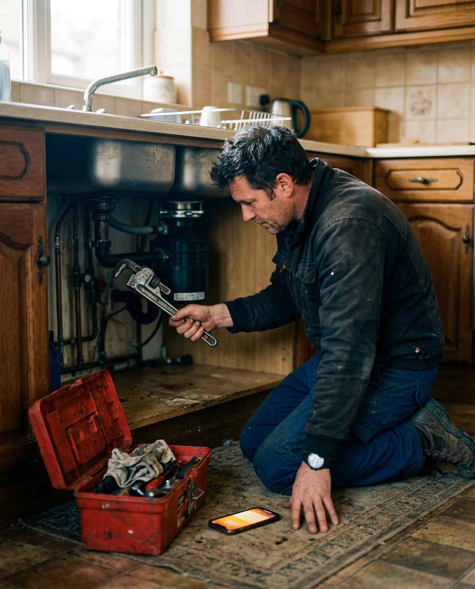 A plumber kneeling at an open sink cabinet with a wrench, his phone on the floor beside the toolbox
